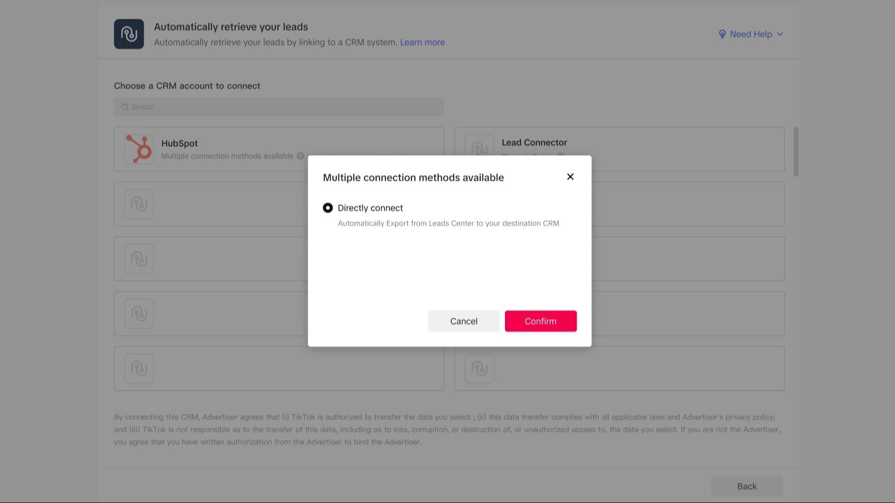 On TikTok Ads, click Tools> Leads> Connect CRM> search HubSpot.